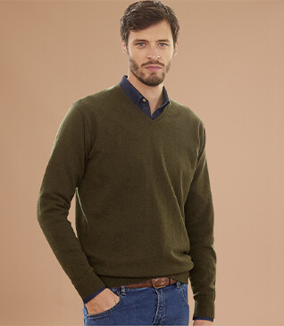 Pull homme laine col V Vert - ELIAN