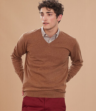 Pull homme laine col V Noisette Chiné - ELIAN