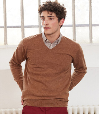 Pull homme laine col V Noisette Chiné - ELIAN