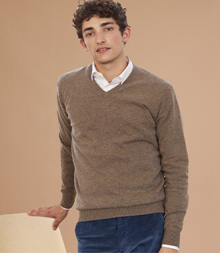 Pull col V homme laine Gris Taupe Chiné - ELIAN