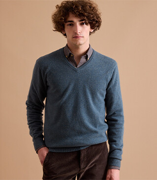 Pull homme laine col V Vert Chiné - ELIAN