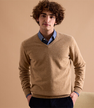 Pull homme laine col V Beige Foncé Chiné - ELIAN