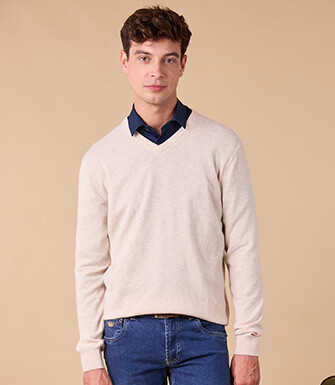 Pull homme laine col V - Beige Clair Chiné - ELIAN