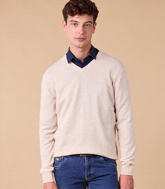 Pull homme laine col V - Beige Clair Chiné - ELIAN