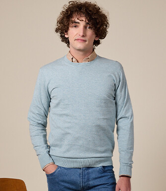 Pull col rond homme fin coton/cachemire Bleu Pastel - VLADIMIR