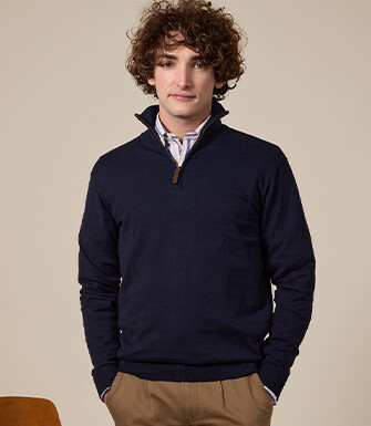 Pull col zippé homme fin coton bio/cachemire Navy - VLAD