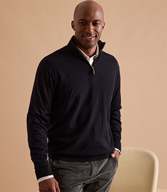 Pull fin homme coton bio/cachemire col zippé Noir - VLAD