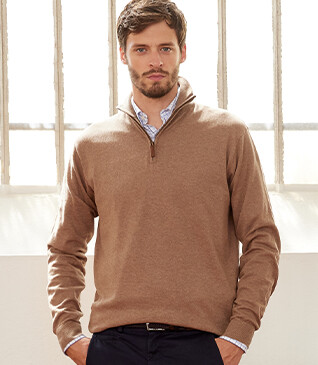 Pull col zippé homme fin coton bio/cachemire Taupe Chiné - VLAD