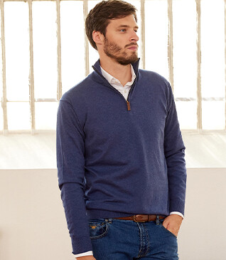 Pull col zippé homme fin coton bio/cachemire Bleu Foncé Chiné - VLAD