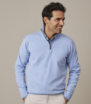 Pull fin homme coton bio/cachemire col zippé Bleu Ciel Chiné - VLAD