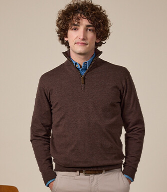 Pull fin homme coton bio/cachemire col zippé Chocolat Foncé - VLAD