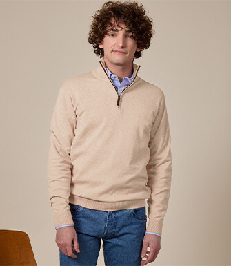 Pull col zippé homme fin coton bio/cachemire Beige Chiné - VLAD
