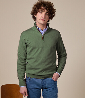 Pull fin homme coton bio/cachemire col zippé Vert Sauge Chiné - VLAD