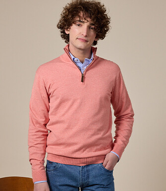 Pull fin homme coton bio/cachemire col zippé Orange Chiné - VLAD