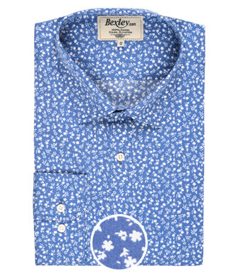 Chemise bleue imprimée fleurs blanches - Col français - MATHURIN