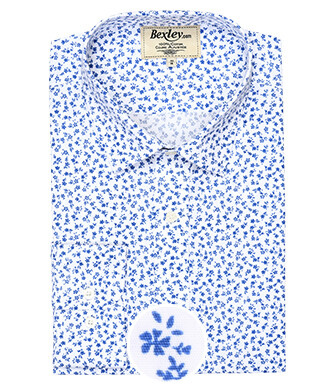 Chemise blanche imprimée fleurs bleues - Col français - MATHURIN