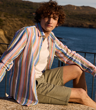 Chemise à rayures coton/lin Chambray Bleu Orange et Vert - EDIBERT