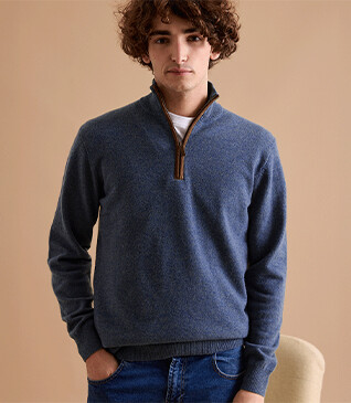 Pull col zippé homme laine Bleu Pétrole - KEITHY