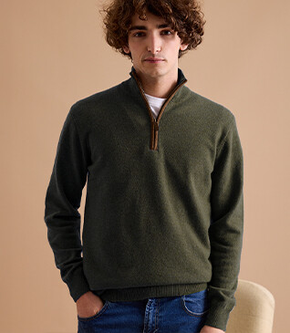 Pull col zippé homme laine Vert - KEITHY