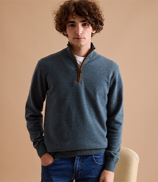 Pull col zippé homme laine Vert chiné - KEITHY