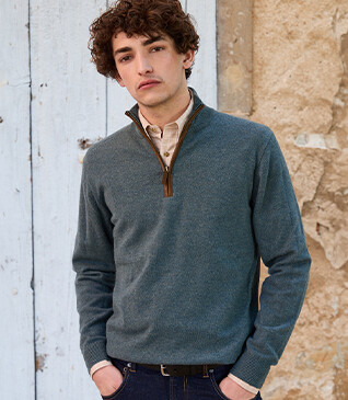 Pull col zippé homme laine Vert chiné - KEITHY