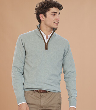 Pull col zippé homme laine Vert Eucalyptus - KEITHY