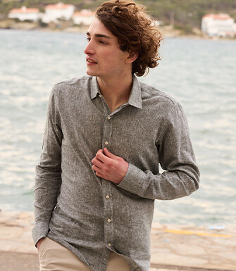 Chemise coton lin Vert Foncé - Col Français - SILBERT