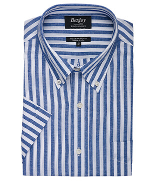 Chemise à rayures coton/lin Bleu Océan et Blanc - Coupe confort - COLTEN MC