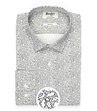 Chemise coton taupe imprimée fleurs blanches et bleues - VICTORIEN