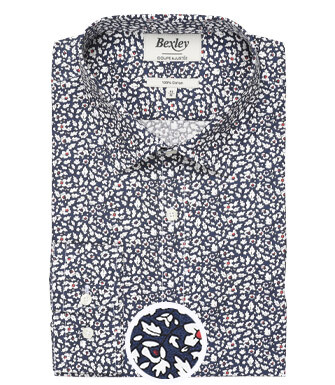 Chemise coton bleue imprimée fleurs blanches et rouges - VICTORIEN