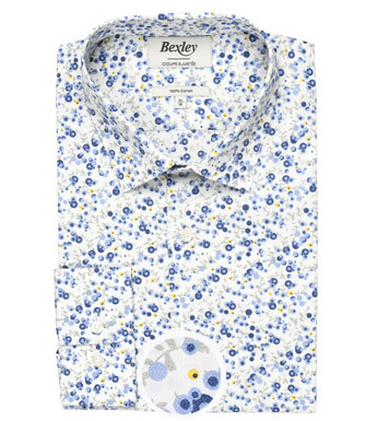 Chemise coton blanche imprimée fleurs bleues et beiges - THÉANDRE