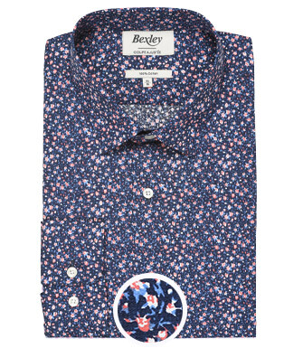 Chemise coton bleue imprimée fleurs corail - WILROSE