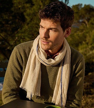 Chèche Homme Lin et Coton - Beige et Bordure Navy