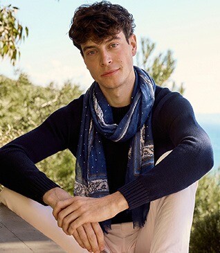 Chèche Homme Lin et Coton - Navy Motif Blanc Beige Jaune