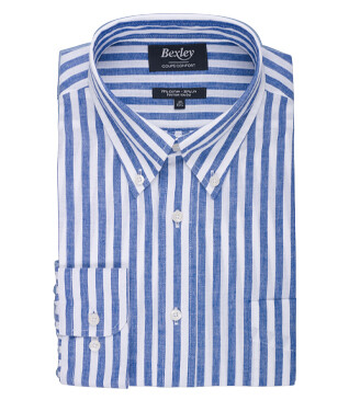 Chemise manches longues coton et lin Bleu Océan et Blanc - COLTEN