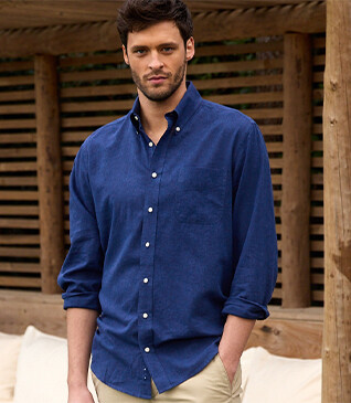 Chemise manches longues coton et lin Chambray Indigo - COLTEN