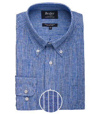 Chemise manches longues coton et lin Chambray Bleu et liseré Blanc - COLTEN