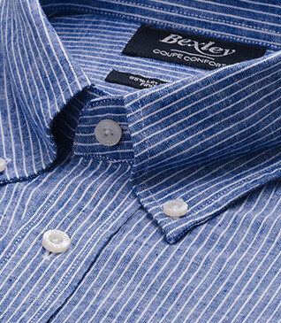 Chemise manches longues coton et lin Chambray Bleu et liseré Blanc - COLTEN
