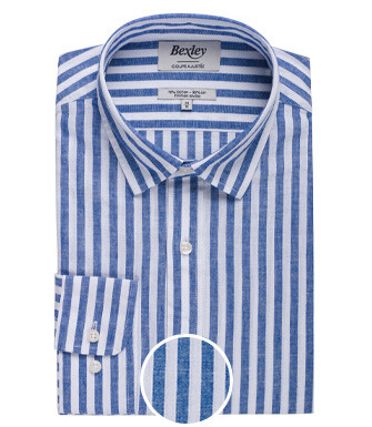 Chemise coton lin rayée bleue foncée et blanche - SIMONIN