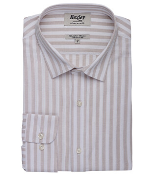 Chemise à rayures coton/lin Beige Clair et Blanc - Col Français - SIMONIN