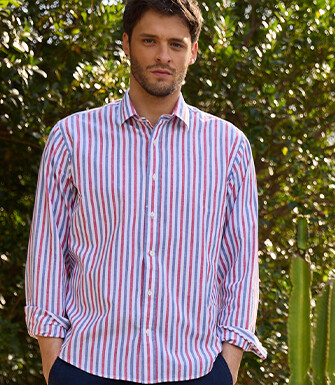 Chemise coton lin rayée Bleu vintage Rouge et Blanc - SIMONIN