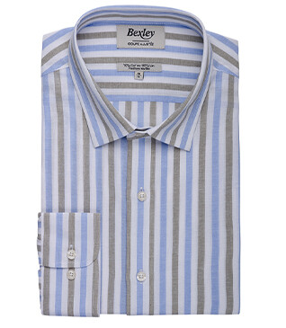 Chemise à rayures coton/lin Bleu Ciel et Vert Sauge - Col Français - SIMONIN