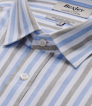 Chemise à rayures coton/lin Bleu Ciel et Vert Sauge - Col Français - SIMONIN