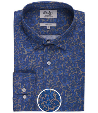 Chemise bleue indigo à motif tropical kaki - GALLIBERT