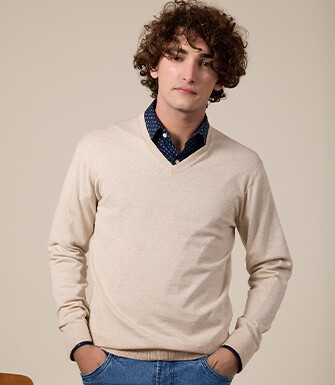 Pull fin homme col V coton bio/cachemire Beige Clair Chiné - VALTON