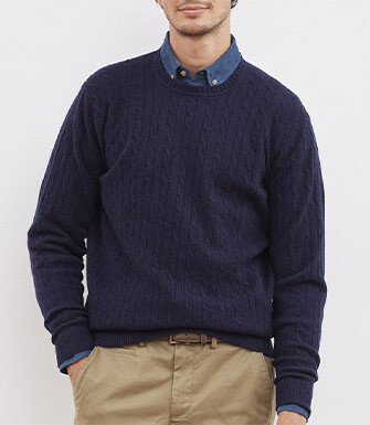 Pull laine torsadée homme col rond Bleu marine - CONTOR