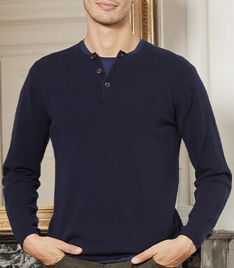 Pull laine homme col rond boutonné Bleu marine - CULIAN
