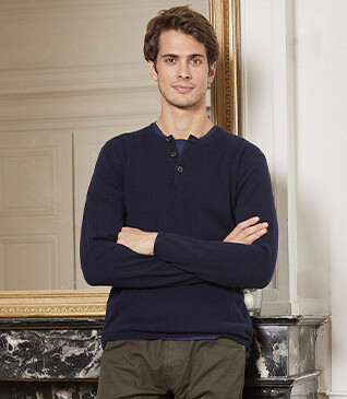Pull laine homme col rond boutonné Bleu marine - CULIAN