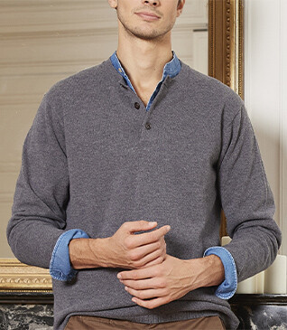 Pull homme en laine col boutonné Gris Moyen Chiné - CULIAN
