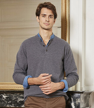 Pull homme en laine col boutonné Gris Moyen Chiné - CULIAN